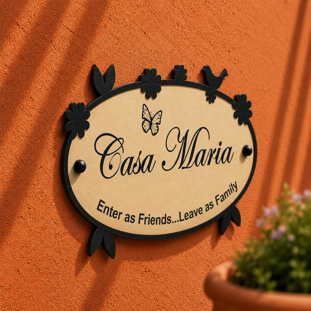 Metal Frame of Birds and Flower border with Aluminium ACP base | Oval Two Layered Nameplate | Outdoor Weatherproof
