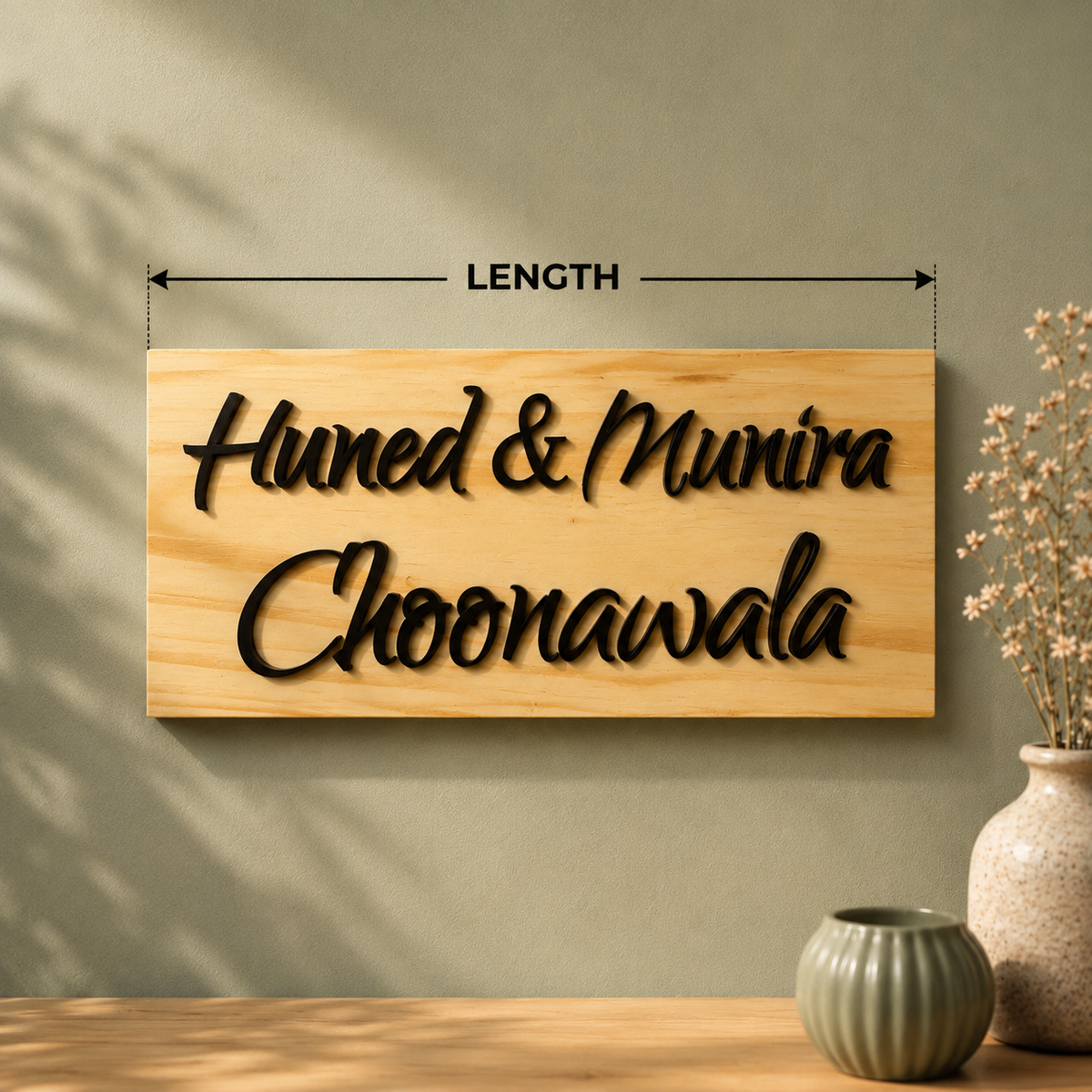 Solid real pinewood base name plate | Acrylic letters laser Cut