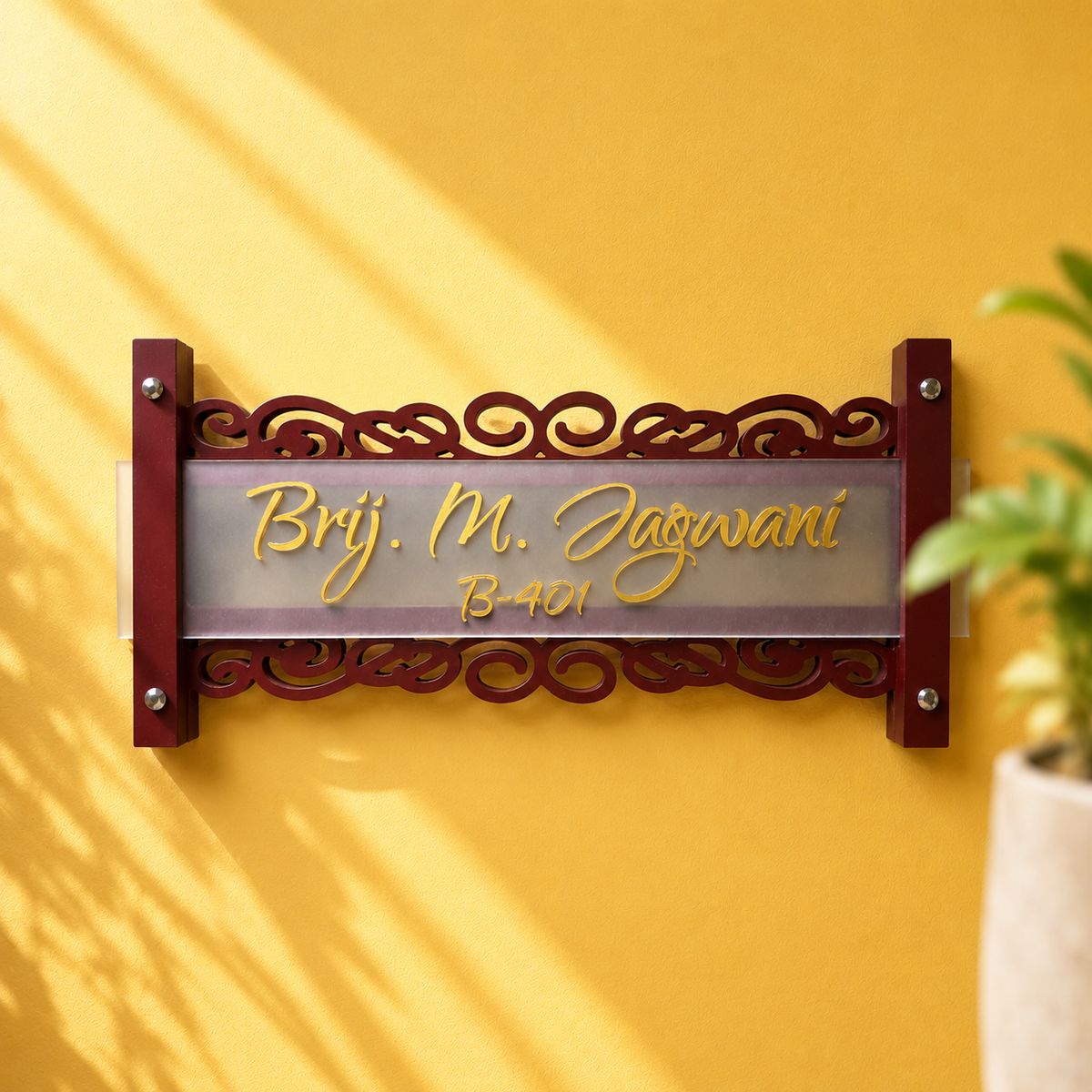 Personalized Frosted Acrylic Name Plate | Elegant Maroon Scroll Design | Custom Family Nameplate | Modern Indian Home Door Nameplate