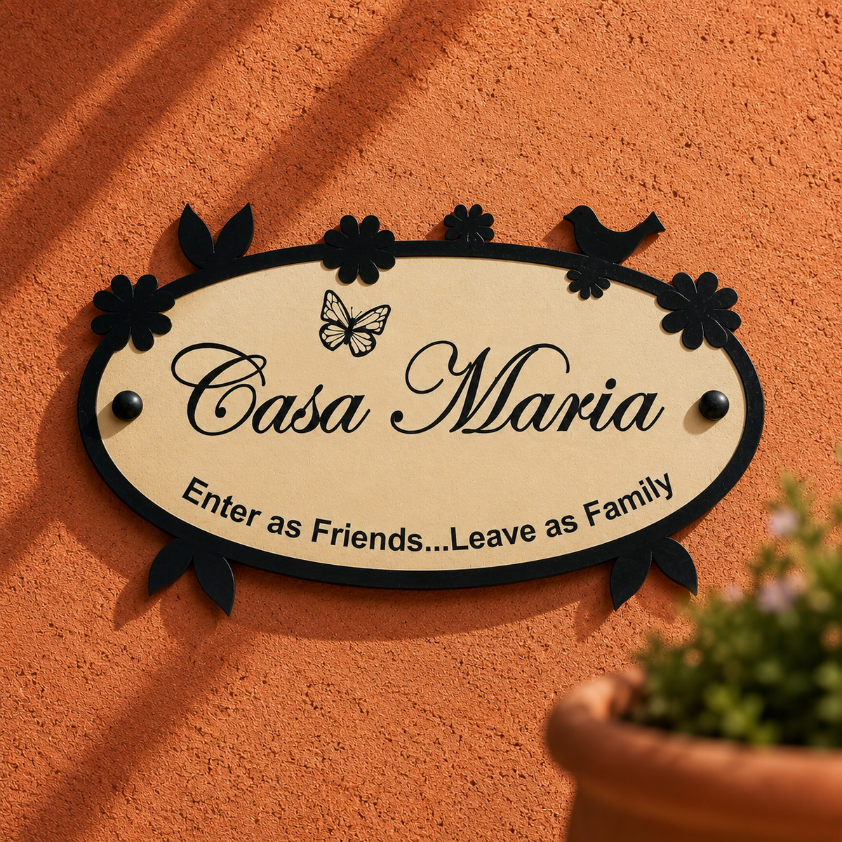 Metal Frame of Birds and Flower border with Aluminium ACP base | Oval Two Layered Nameplate | Outdoor Weatherproof