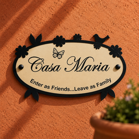 Metal Frame of Birds and Flower border with Aluminium ACP base | Oval Two Layered Nameplate | Outdoor Weatherproof