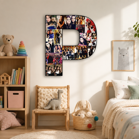 A large decorative letter P made from a collage of photos hangs on a child's bedroom wall above a wooden chair and next to a bed. The letter features many small portrait photos arranged in a grid, with a black outline.