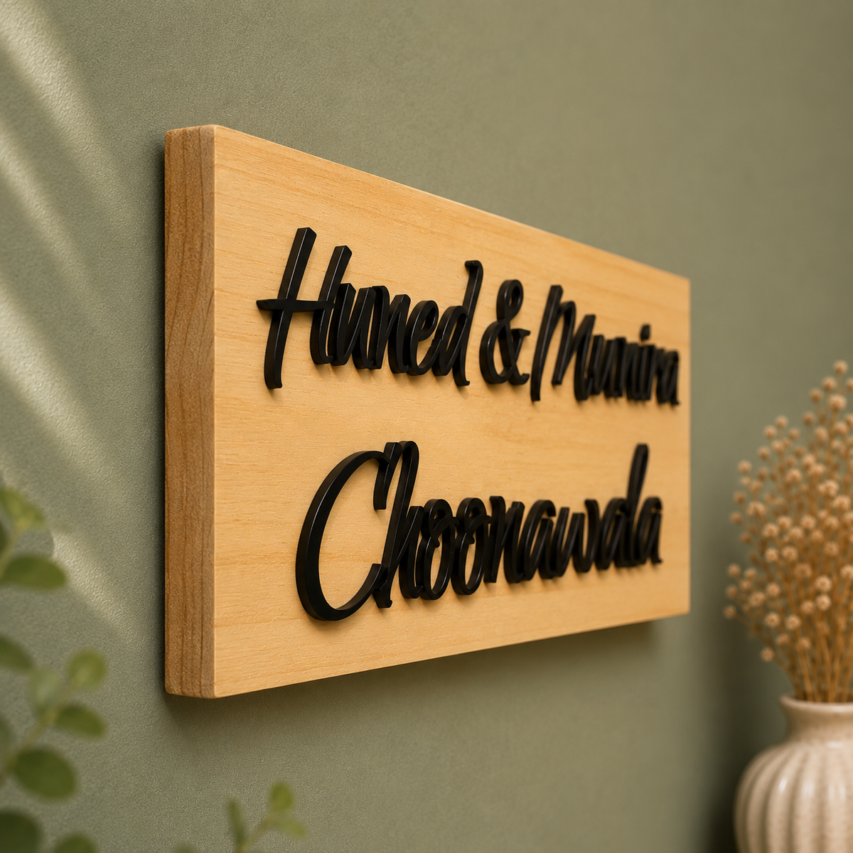 Solid real pinewood base name plate | Acrylic letters laser Cut