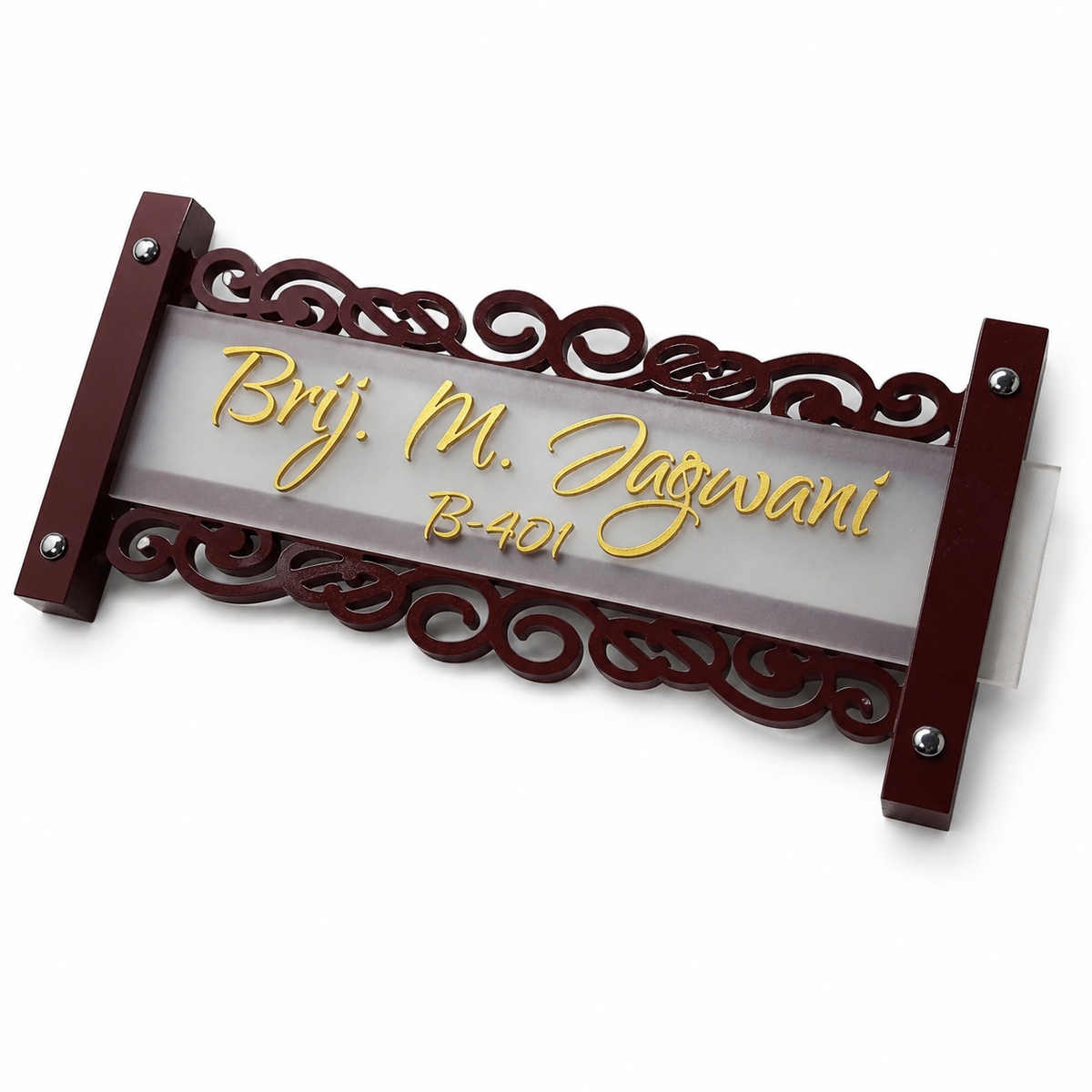 Personalized Frosted Acrylic Name Plate | Elegant Maroon Scroll Design | Custom Family Nameplate | Modern Indian Home Door Nameplate