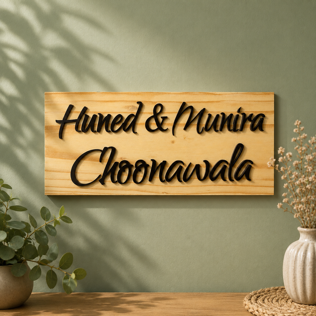 Solid real pinewood base name plate | Acrylic letters laser Cut